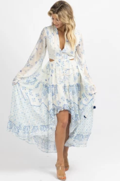 SUNDAY UP NEW ARRIVALS IVORY FLORAL + SHIMMER CUTOUT HIGH LO DRESS *BACK IN STOCK*