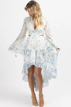 SUNDAY UP NEW ARRIVALS IVORY FLORAL + SHIMMER CUTOUT HIGH LO DRESS *BACK IN STOCK*