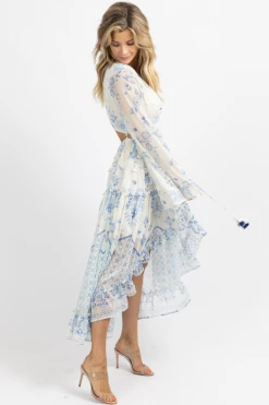 SUNDAY UP NEW ARRIVALS IVORY FLORAL + SHIMMER CUTOUT HIGH LO DRESS *BACK IN STOCK*