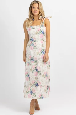 SUNDAY UP NEW ARRIVALS WHITE + PINK FLORAL EMBROIDERED TIE STRAP MIDI DRESS