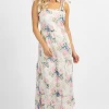 SUNDAY UP NEW ARRIVALS WHITE + PINK FLORAL EMBROIDERED TIE STRAP MIDI DRESS