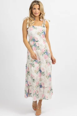 SUNDAY UP NEW ARRIVALS WHITE + PINK FLORAL EMBROIDERED TIE STRAP MIDI DRESS