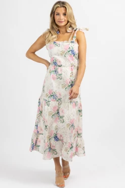 SUNDAY UP NEW ARRIVALS WHITE + PINK FLORAL EMBROIDERED TIE STRAP MIDI DRESS