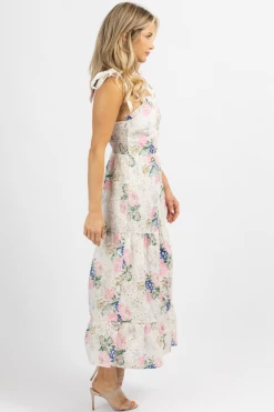 SUNDAY UP NEW ARRIVALS WHITE + PINK FLORAL EMBROIDERED TIE STRAP MIDI DRESS