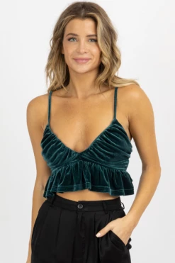 BLUE BLUSH NEW ARRIVALS DARK JADE VELVET RUFFLED CROPPED TOP
