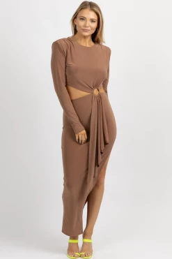 WINWIN APPAREL KHAKI LONGSLEEVE CIRCLET CUTOUT MIDI DRESS
