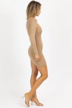 MABLE NEW ARRIVALS KHAKI KNIT FRONT SLIT MINI DRESS