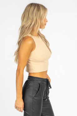 THE FREE YOGA KHAKI RIBBED HIGH-NECK TANK