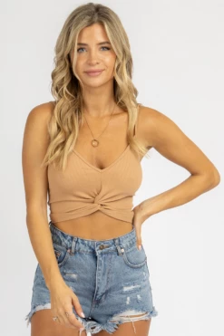 DYNAMIC FASHION DEEP TAN FRONT KNOT RIB CAMI *BACK IN STOCK* NEW ARRIVALS