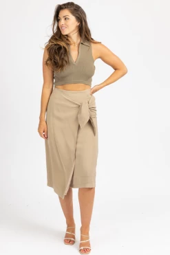 DEE ELLY CLOTHING KHAKI WRAP TIE FRONT MIDI SKIRT