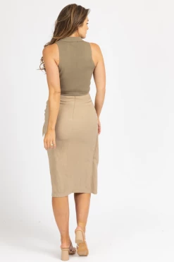DEE ELLY CLOTHING KHAKI WRAP TIE FRONT MIDI SKIRT