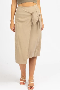 DEE ELLY CLOTHING KHAKI WRAP TIE FRONT MIDI SKIRT