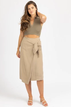 DEE ELLY CLOTHING KHAKI WRAP TIE FRONT MIDI SKIRT
