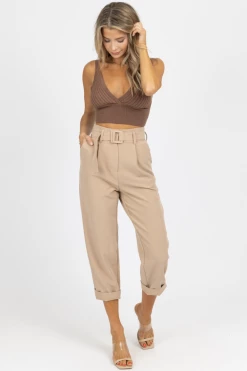 IDEM DITTO LATTE BELTED STRAIGHT LEG TROUSERS NEW ARRIVALS