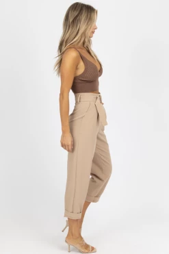 IDEM DITTO LATTE BELTED STRAIGHT LEG TROUSERS NEW ARRIVALS