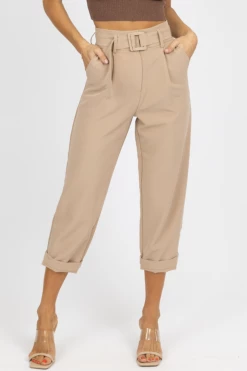 IDEM DITTO LATTE BELTED STRAIGHT LEG TROUSERS NEW ARRIVALS