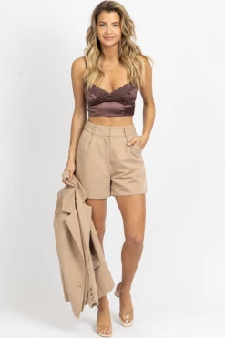 HEY BABE NEW ARRIVALS CHOCOLATE SATIN LACE CROP TANK