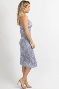 LOVELY DAY PERIWINKLE LEOPARD TWIST FRONT MIDI DRESS NEW ARRIVALS