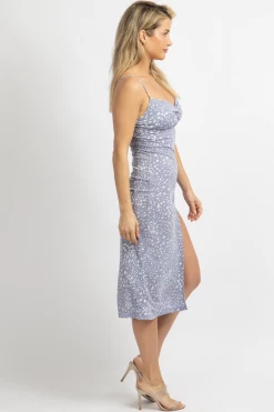 LOVELY DAY PERIWINKLE LEOPARD TWIST FRONT MIDI DRESS NEW ARRIVALS