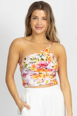 DO + BE NEW ARRIVALS LAVENDER + CORAL FLORAL ONE SHOULDER TOP