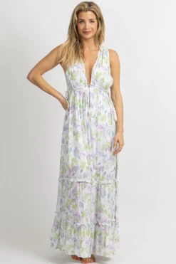 FATE BY LFD LAVENDER FLORAL TASSEL TIE MAXI DRESS