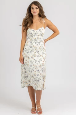 CRESCENT IVORY FLORAL TIE STRAP MIDI DRESS CLOTHING