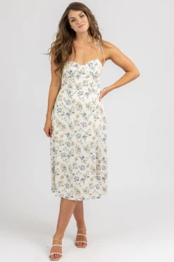 CRESCENT IVORY FLORAL TIE STRAP MIDI DRESS CLOTHING