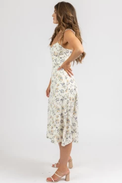 CRESCENT IVORY FLORAL TIE STRAP MIDI DRESS CLOTHING