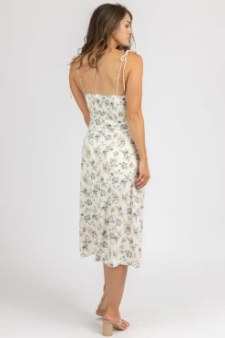 CRESCENT IVORY FLORAL TIE STRAP MIDI DRESS CLOTHING