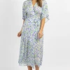 OLIVACEOUS LAVENDER + BLUE FLORAL WRAPPED MIDI DRESS NEW ARRIVALS