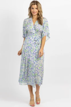 OLIVACEOUS LAVENDER + BLUE FLORAL WRAPPED MIDI DRESS NEW ARRIVALS