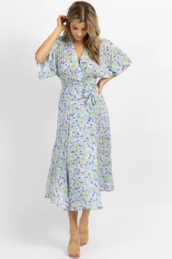 OLIVACEOUS LAVENDER + BLUE FLORAL WRAPPED MIDI DRESS NEW ARRIVALS