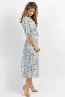OLIVACEOUS LAVENDER + BLUE FLORAL WRAPPED MIDI DRESS NEW ARRIVALS