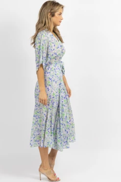 OLIVACEOUS LAVENDER + BLUE FLORAL WRAPPED MIDI DRESS NEW ARRIVALS