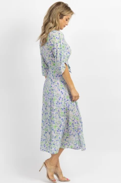 OLIVACEOUS LAVENDER + BLUE FLORAL WRAPPED MIDI DRESS NEW ARRIVALS