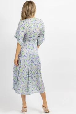 OLIVACEOUS LAVENDER + BLUE FLORAL WRAPPED MIDI DRESS NEW ARRIVALS