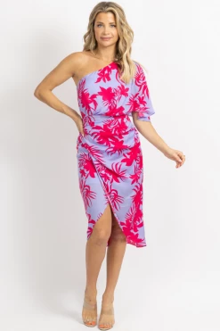 DO + BE NEW ARRIVALS LAVENDER MULTICOLOR SATIN ONE SHOULDER MIDI DRESS