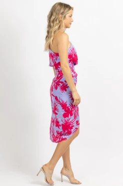 DO + BE NEW ARRIVALS LAVENDER MULTICOLOR SATIN ONE SHOULDER MIDI DRESS