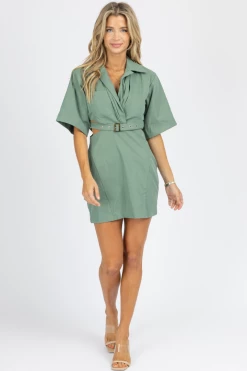 CLOTHING COMPANY GREEN BELTED COLLAR CUTOUT MINI DRESS