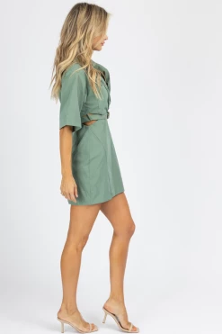 CLOTHING COMPANY GREEN BELTED COLLAR CUTOUT MINI DRESS