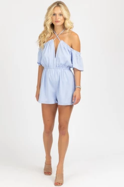LE LIS LIGHT BLUE CROSSNECK RUFFLED ROMPER CLOTHING
