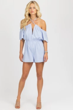 LE LIS LIGHT BLUE CROSSNECK RUFFLED ROMPER CLOTHING