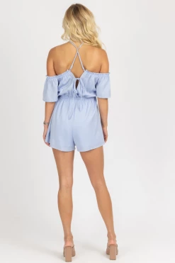 LE LIS LIGHT BLUE CROSSNECK RUFFLED ROMPER CLOTHING