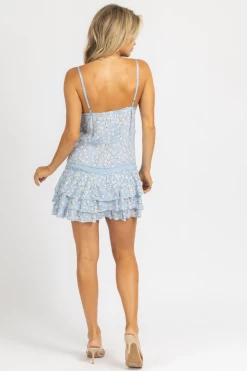 SKYLAR + MADISON FADED BLUE FLORAL RUFFLE LAYER DRESS CLOTHING
