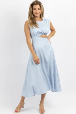 IN THE BEGINNING SKY BLUE CUTOUT LINEN MIDI DRESS