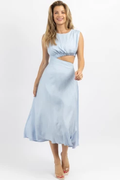 IN THE BEGINNING SKY BLUE CUTOUT LINEN MIDI DRESS