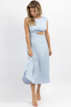 IN THE BEGINNING SKY BLUE CUTOUT LINEN MIDI DRESS