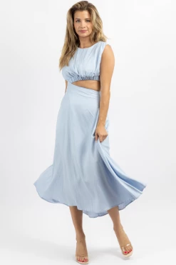 IN THE BEGINNING SKY BLUE CUTOUT LINEN MIDI DRESS
