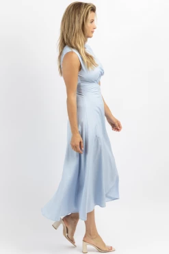 IN THE BEGINNING SKY BLUE CUTOUT LINEN MIDI DRESS