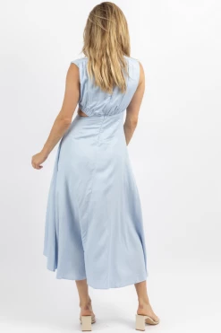 IN THE BEGINNING SKY BLUE CUTOUT LINEN MIDI DRESS
